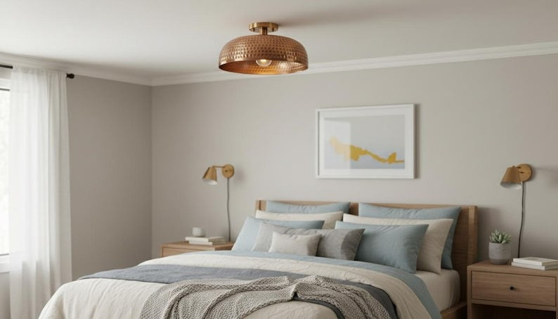 Handmade Moroccan Brass Semi-Flush Mount Ceiling Light – Hammered Antique Copper Dome Fixture, Rustic Farmhouse Ceiling Lamp