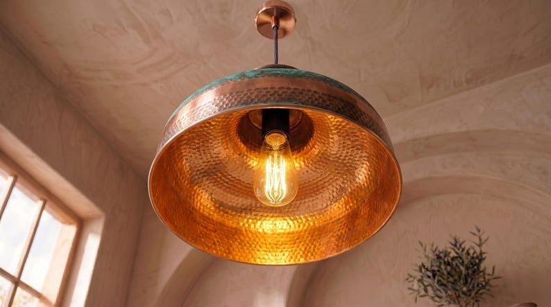 Handmade Brass Moroccan Pendant Light – Verdigris Green Patina & Copper Hammered Brass Wide Dome Hanging Lamp, Rustic Kitchen Island Ceiling Fixture