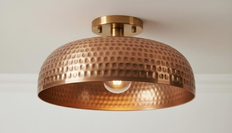Handmade Moroccan Brass Semi-Flush Mount Ceiling Light – Hammered Antique Copper Dome Fixture, Rustic Farmhouse Ceiling Lamp