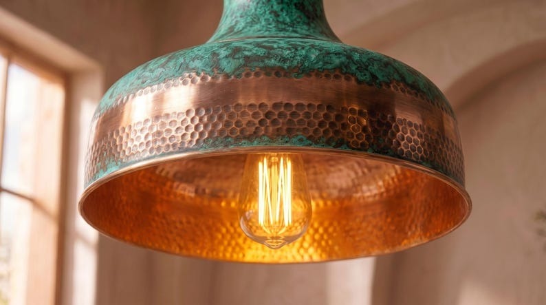 Handmade Brass Moroccan Pendant Light – Verdigris Green Patina & Copper Hammered Brass Wide Dome Hanging Lamp, Rustic Kitchen Island Ceiling Fixture