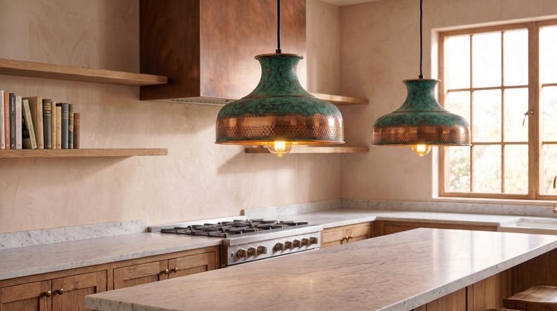 Handmade Brass Moroccan Pendant Light – Verdigris Green Patina & Copper Hammered Brass Wide Dome Hanging Lamp, Rustic Kitchen Island Ceiling Fixture