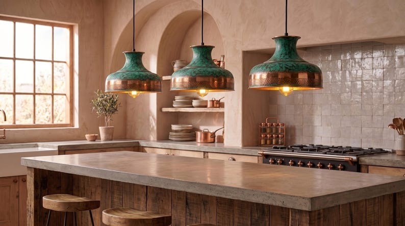 Handmade Brass Moroccan Pendant Light – Verdigris Green Patina & Copper Hammered Brass Wide Dome Hanging Lamp, Rustic Kitchen Island Ceiling Fixture