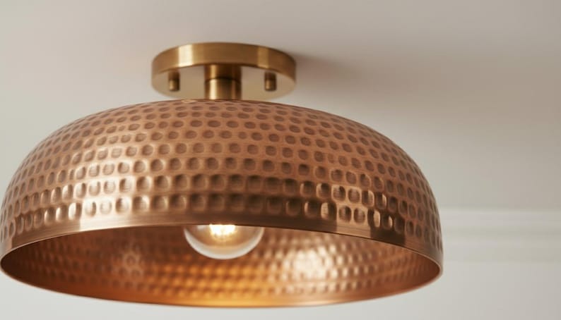 Handmade Moroccan Brass Semi-Flush Mount Ceiling Light – Hammered Antique Copper Dome Fixture, Rustic Farmhouse Ceiling Lamp