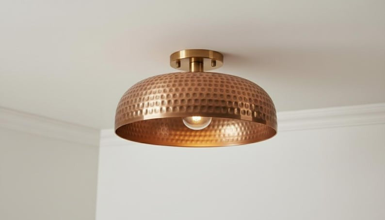 Handmade Moroccan Brass Semi-Flush Mount Ceiling Light – Hammered Antique Copper Dome Fixture, Rustic Farmhouse Ceiling Lamp
