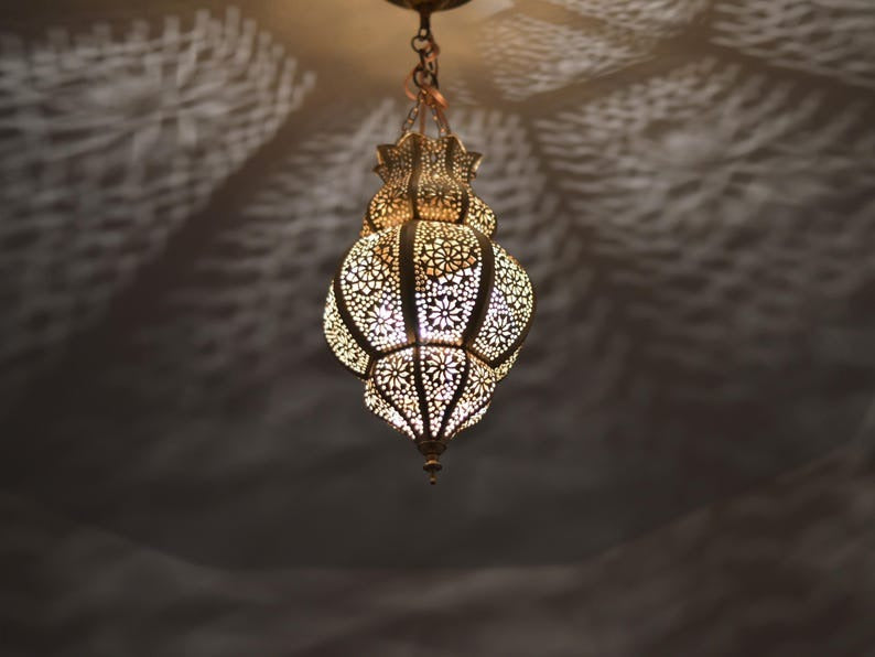 Handmade Moroccan Brass Lantern Pendant Light – Ornate Pierced Teardrop Hanging Lamp with Floral Arabesque Cutouts and Dramatic Moorish Shadow Patterns for Entryway, Bedroom & Living Room