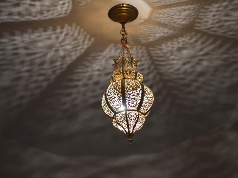 Handmade Moroccan Brass Lantern Pendant Light – Ornate Pierced Teardrop Hanging Lamp with Floral Arabesque Cutouts and Dramatic Moorish Shadow Patterns for Entryway, Bedroom & Living Room