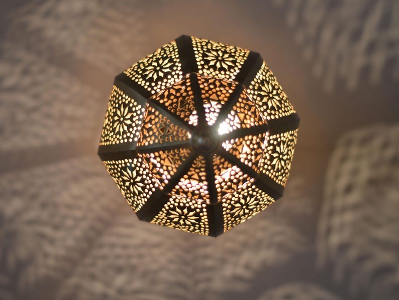 Handmade Moroccan Brass Lantern Pendant Light – Ornate Pierced Teardrop Hanging Lamp with Floral Arabesque Cutouts and Dramatic Moorish Shadow Patterns for Entryway, Bedroom & Living Room