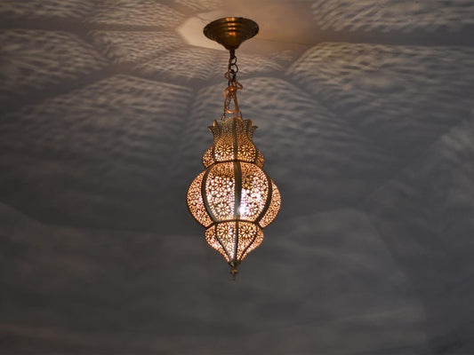 Handmade Moroccan Brass Lantern Pendant Light – Ornate Pierced Teardrop Hanging Lamp with Floral Arabesque Cutouts and Dramatic Moorish Shadow Patterns for Entryway, Bedroom & Living Room