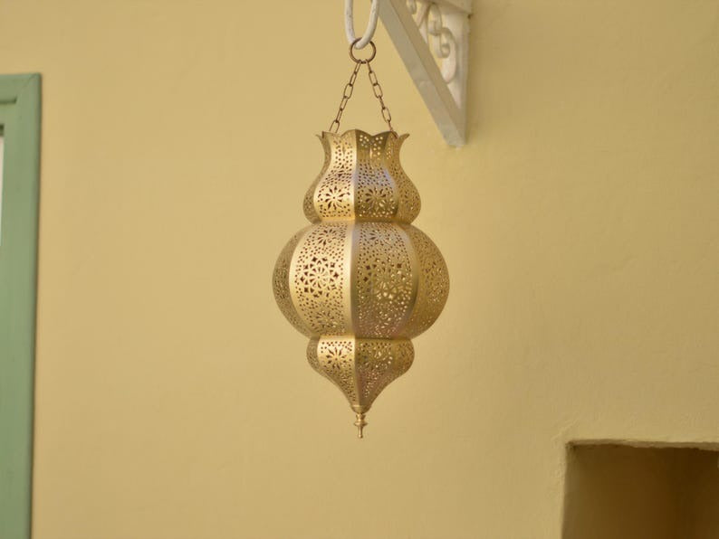 Handmade Moroccan Brass Lantern Pendant Light – Ornate Pierced Teardrop Hanging Lamp with Floral Arabesque Cutouts and Dramatic Moorish Shadow Patterns for Entryway, Bedroom & Living Room