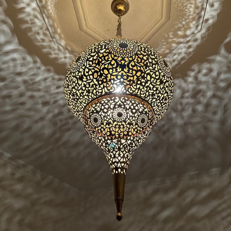 Moroccan Pierced Brass Onion Lantern Chandelier, Handmade Moorish Floral Hanging Pendant Light, Boho Arabic Shadow Lamp, Luxury Gold Filigree Ceiling Light Fixture