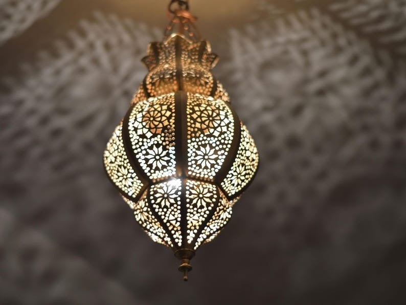Handmade Moroccan Brass Lantern Pendant Light – Ornate Pierced Teardrop Hanging Lamp with Floral Arabesque Cutouts and Dramatic Moorish Shadow Patterns for Entryway, Bedroom & Living Room