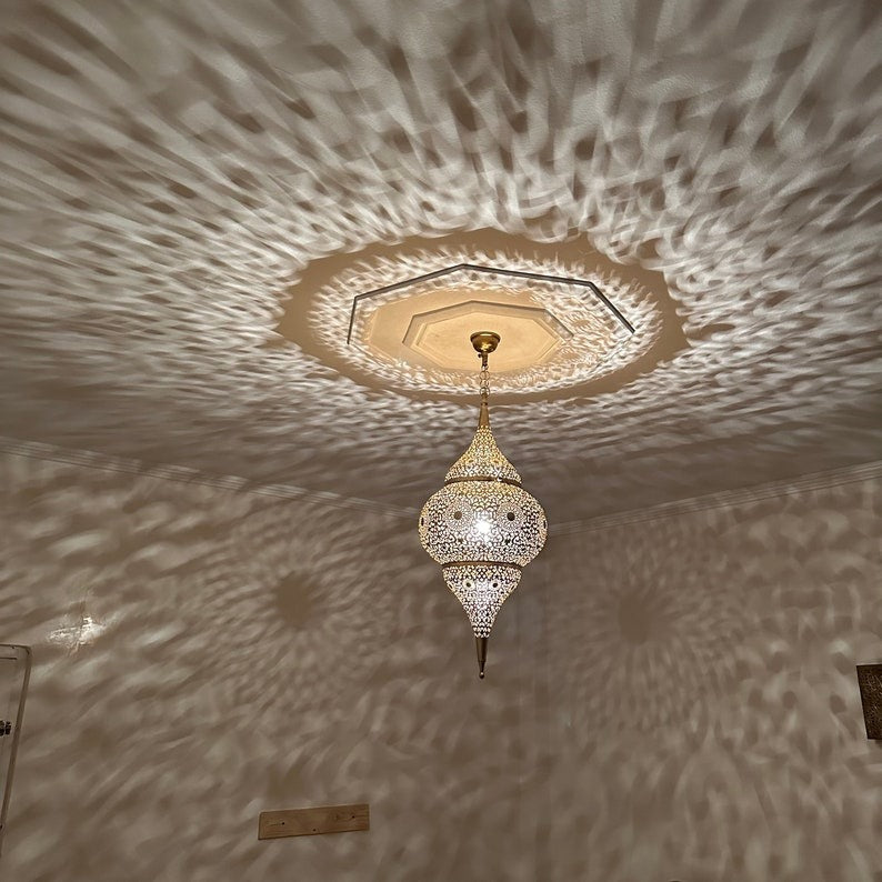 Moroccan Pierced Brass Onion Lantern Chandelier, Handmade Moorish Floral Hanging Pendant Light, Boho Arabic Shadow Lamp, Luxury Gold Filigree Ceiling Light Fixture