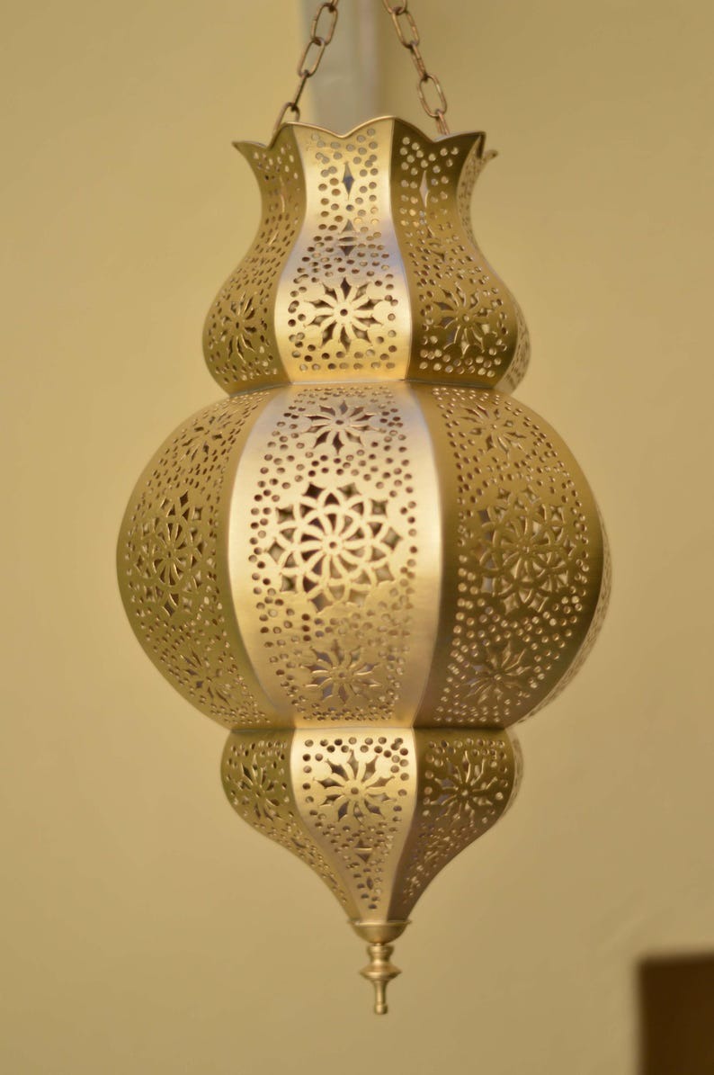 Handmade Moroccan Brass Lantern Pendant Light – Ornate Pierced Teardrop Hanging Lamp with Floral Arabesque Cutouts and Dramatic Moorish Shadow Patterns for Entryway, Bedroom & Living Room