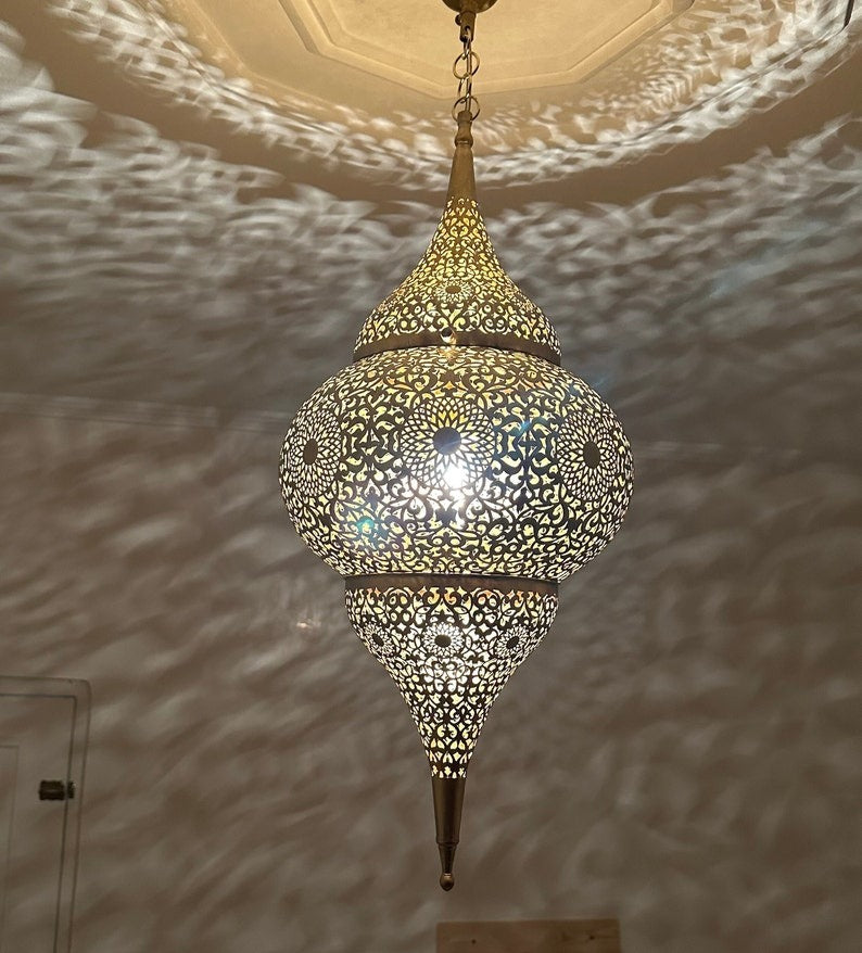 Moroccan Pierced Brass Onion Lantern Chandelier, Handmade Moorish Floral Hanging Pendant Light, Boho Arabic Shadow Lamp, Luxury Gold Filigree Ceiling Light Fixture