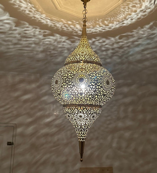 Moroccan Pierced Brass Onion Lantern Chandelier, Handmade Moorish Floral Hanging Pendant Light, Boho Arabic Shadow Lamp, Luxury Gold Filigree Ceiling Light Fixture