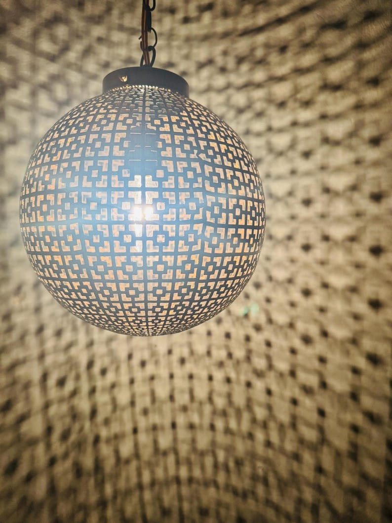 Moroccan Pierced Globe Lantern Pendant Light, Handmade Moorish Geometric Hanging Lamp, Boho Arabic Shadow Chandelier, Rustic Black and Gold Ceiling Light Fixture