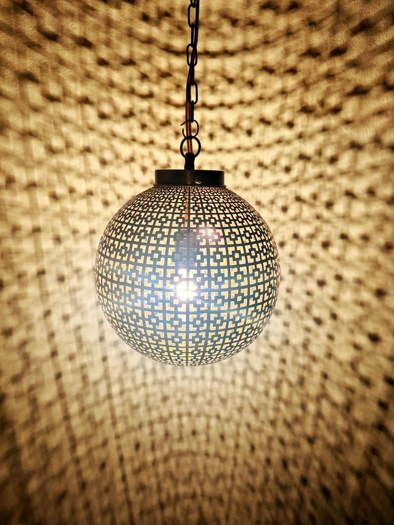 Moroccan Pierced Globe Lantern Pendant Light, Handmade Moorish Geometric Hanging Lamp, Boho Arabic Shadow Chandelier, Rustic Black and Gold Ceiling Light Fixture