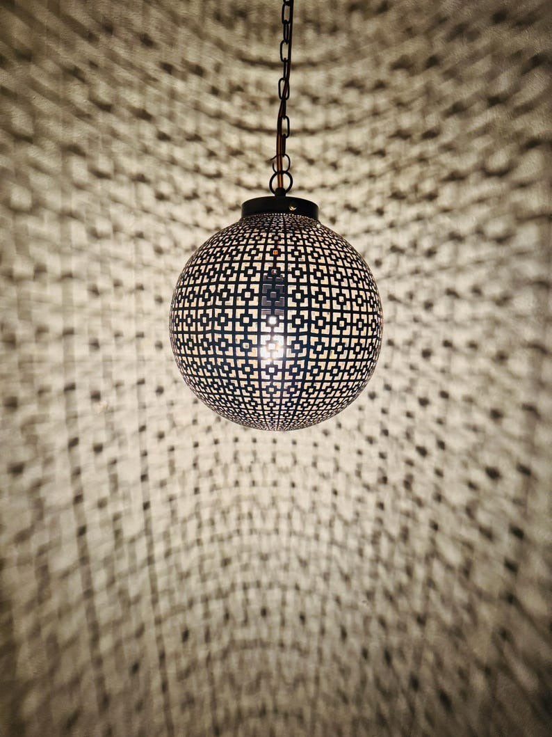Moroccan Pierced Globe Lantern Pendant Light, Handmade Moorish Geometric Hanging Lamp, Boho Arabic Shadow Chandelier, Rustic Black and Gold Ceiling Light Fixture