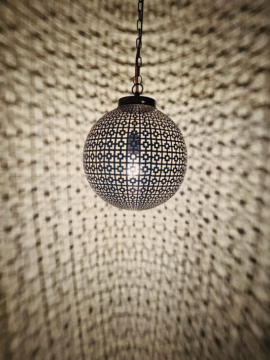 Moroccan Pierced Globe Lantern Pendant Light, Handmade Moorish Geometric Hanging Lamp, Boho Arabic Shadow Chandelier, Rustic Black and Gold Ceiling Light Fixture