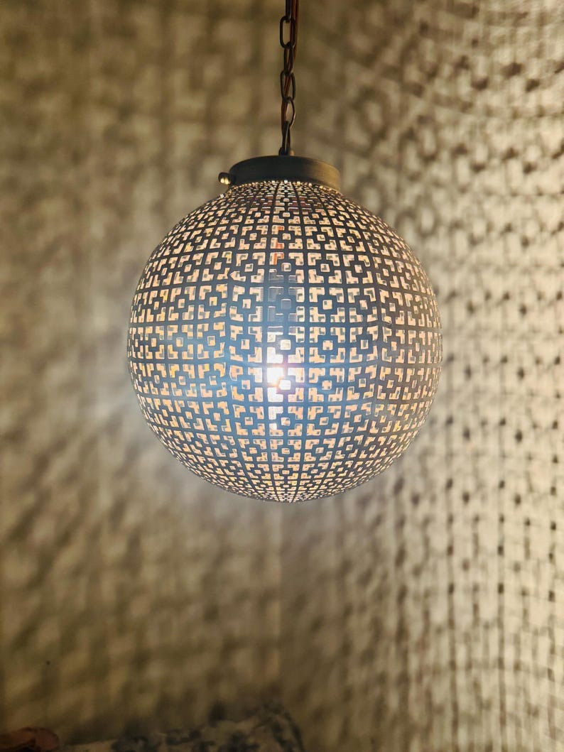 Moroccan Pierced Globe Lantern Pendant Light, Handmade Moorish Geometric Hanging Lamp, Boho Arabic Shadow Chandelier, Rustic Black and Gold Ceiling Light Fixture