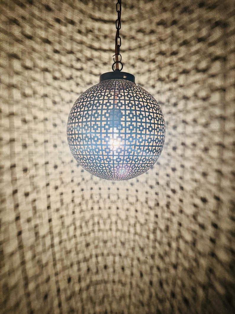Moroccan Pierced Globe Lantern Pendant Light, Handmade Moorish Geometric Hanging Lamp, Boho Arabic Shadow Chandelier, Rustic Black and Gold Ceiling Light Fixture
