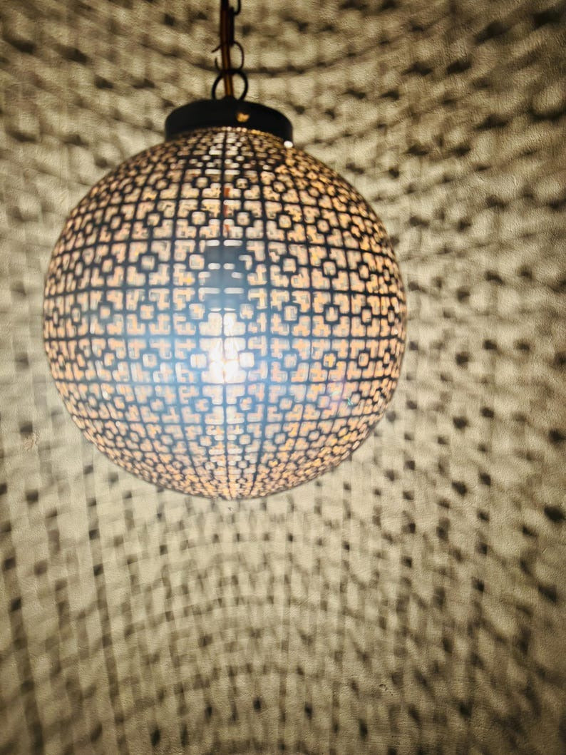 Moroccan Pierced Globe Lantern Pendant Light, Handmade Moorish Geometric Hanging Lamp, Boho Arabic Shadow Chandelier, Rustic Black and Gold Ceiling Light Fixture