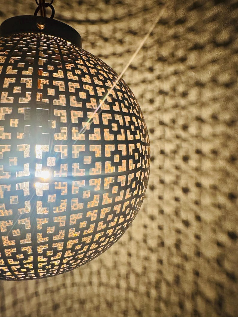 Moroccan Pierced Globe Lantern Pendant Light, Handmade Moorish Geometric Hanging Lamp, Boho Arabic Shadow Chandelier, Rustic Black and Gold Ceiling Light Fixture