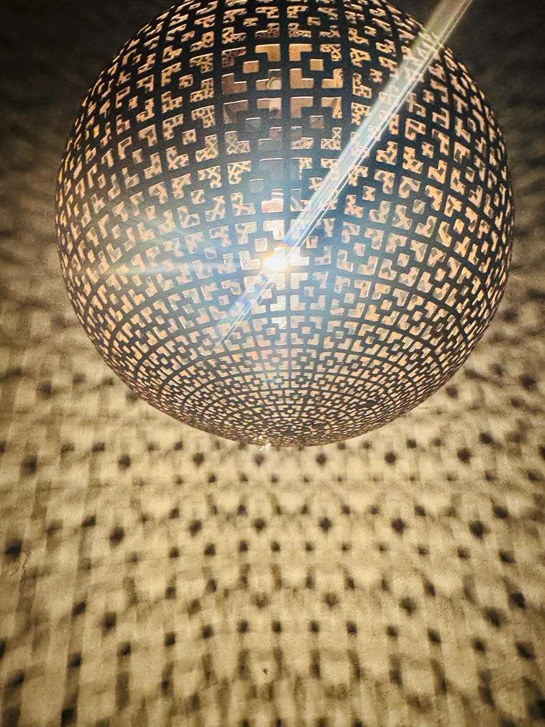 Moroccan Pierced Globe Lantern Pendant Light, Handmade Moorish Geometric Hanging Lamp, Boho Arabic Shadow Chandelier, Rustic Black and Gold Ceiling Light Fixture
