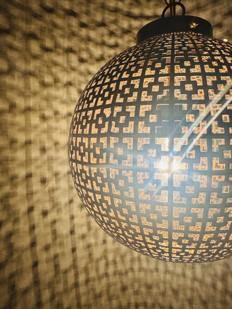 Moroccan Pierced Globe Lantern Pendant Light, Handmade Moorish Geometric Hanging Lamp, Boho Arabic Shadow Chandelier, Rustic Black and Gold Ceiling Light Fixture