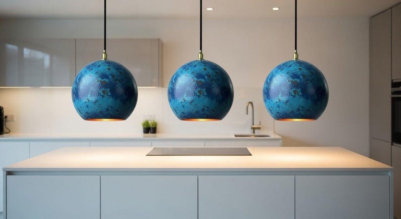 Handmade Moroccan Brass Globe Pendant Light – Blue Patina Brass Hanging Lamp with Warm Gold Interior, Boho Mediterranean Orb Ceiling Light for Kitchen Island, Dining Room, Bedroom & Entryway