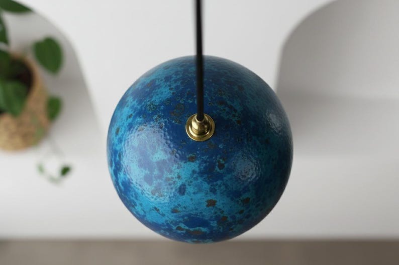 Handmade Moroccan Brass Globe Pendant Light – Blue Patina Brass Hanging Lamp with Warm Gold Interior, Boho Mediterranean Orb Ceiling Light for Kitchen Island, Dining Room, Bedroom & Entryway