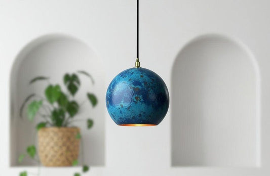 Handmade Moroccan Brass Globe Pendant Light – Blue Patina Brass Hanging Lamp with Warm Gold Interior, Boho Mediterranean Orb Ceiling Light for Kitchen Island, Dining Room, Bedroom & Entryway