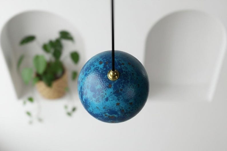 Handmade Moroccan Brass Globe Pendant Light – Blue Patina Brass Hanging Lamp with Warm Gold Interior, Boho Mediterranean Orb Ceiling Light for Kitchen Island, Dining Room, Bedroom & Entryway
