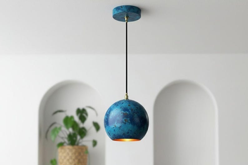 Handmade Moroccan Brass Globe Pendant Light – Blue Patina Brass Hanging Lamp with Warm Gold Interior, Boho Mediterranean Orb Ceiling Light for Kitchen Island, Dining Room, Bedroom & Entryway