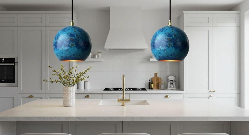 Handmade Moroccan Brass Globe Pendant Light – Blue Patina Brass Hanging Lamp with Warm Gold Interior, Boho Mediterranean Orb Ceiling Light for Kitchen Island, Dining Room, Bedroom & Entryway