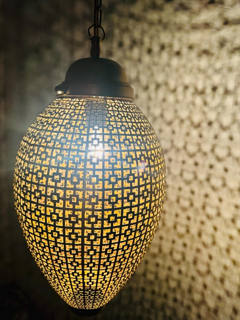 Moroccan Pierced Oval Lantern Pendant Light, Handmade Moorish Geometric Hanging Lamp, Boho Arabic Shadow Chandelier, Rustic Black and Gold Ceiling Light Fixture