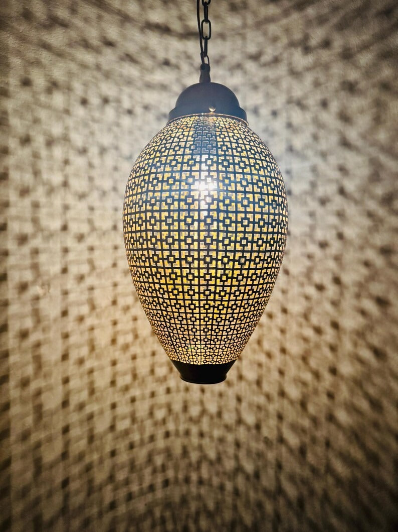 Moroccan Pierced Oval Lantern Pendant Light, Handmade Moorish Geometric Hanging Lamp, Boho Arabic Shadow Chandelier, Rustic Black and Gold Ceiling Light Fixture