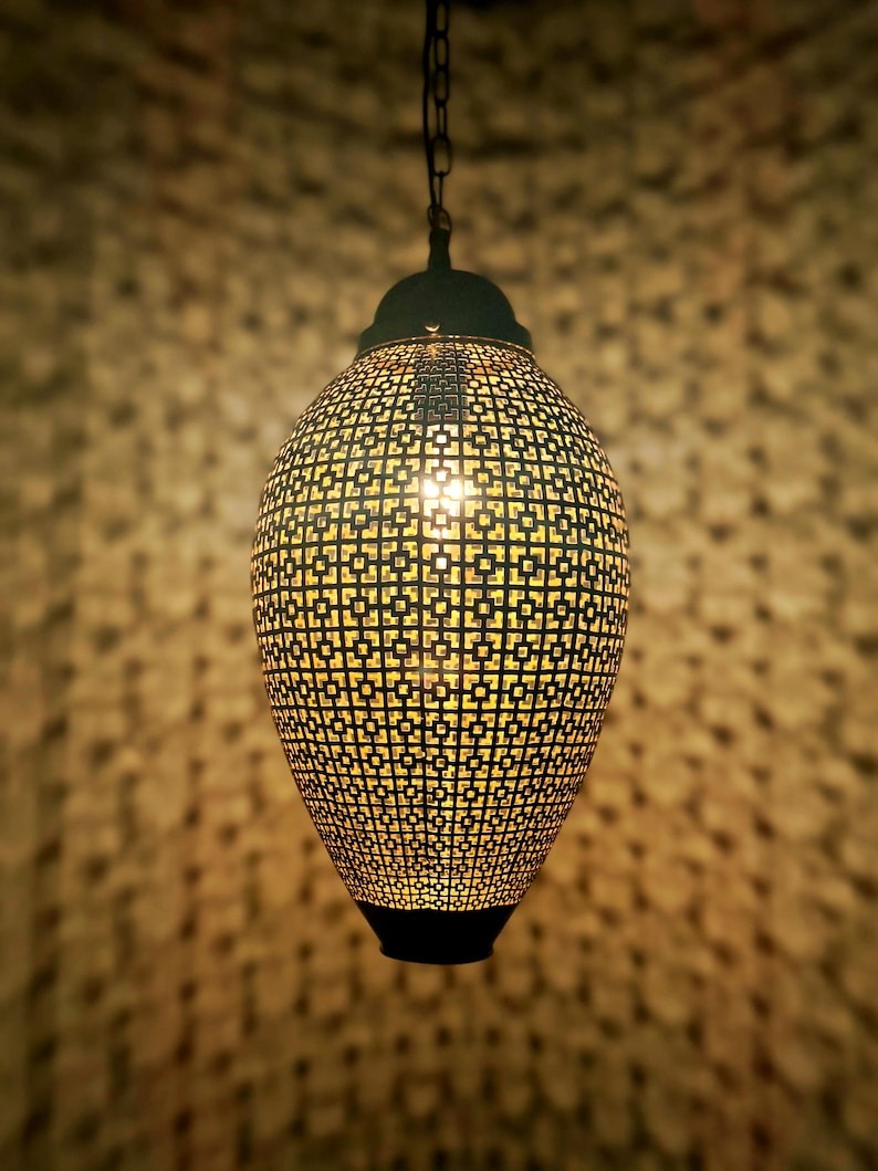Moroccan Pierced Oval Lantern Pendant Light, Handmade Moorish Geometric Hanging Lamp, Boho Arabic Shadow Chandelier, Rustic Black and Gold Ceiling Light Fixture