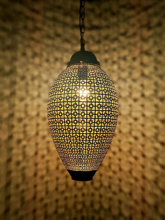 Moroccan Pierced Oval Lantern Pendant Light, Handmade Moorish Geometric Hanging Lamp, Boho Arabic Shadow Chandelier, Rustic Black and Gold Ceiling Light Fixture