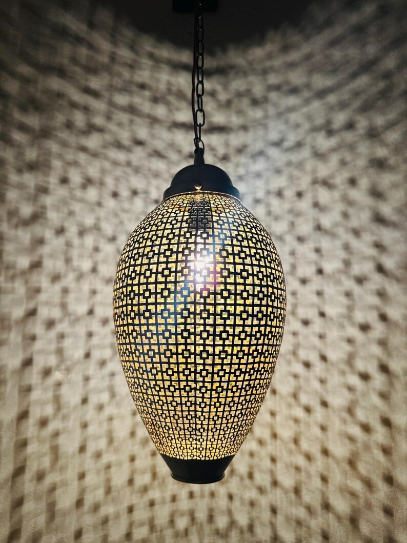 Moroccan Pierced Oval Lantern Pendant Light, Handmade Moorish Geometric Hanging Lamp, Boho Arabic Shadow Chandelier, Rustic Black and Gold Ceiling Light Fixture