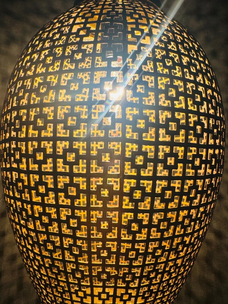 Moroccan Pierced Oval Lantern Pendant Light, Handmade Moorish Geometric Hanging Lamp, Boho Arabic Shadow Chandelier, Rustic Black and Gold Ceiling Light Fixture