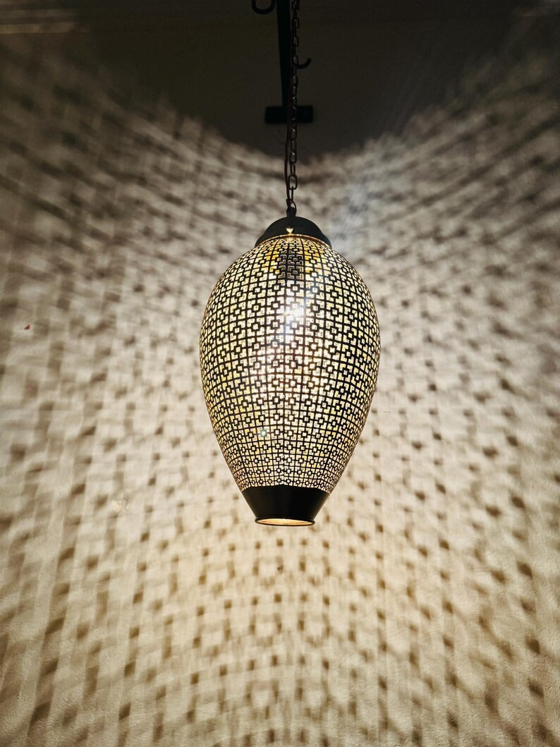 Moroccan Pierced Oval Lantern Pendant Light, Handmade Moorish Geometric Hanging Lamp, Boho Arabic Shadow Chandelier, Rustic Black and Gold Ceiling Light Fixture