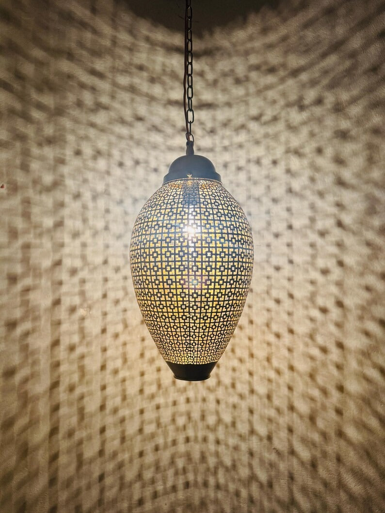 Moroccan Pierced Oval Lantern Pendant Light, Handmade Moorish Geometric Hanging Lamp, Boho Arabic Shadow Chandelier, Rustic Black and Gold Ceiling Light Fixture