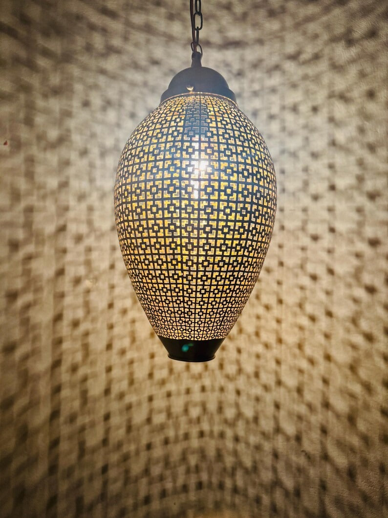 Moroccan Pierced Oval Lantern Pendant Light, Handmade Moorish Geometric Hanging Lamp, Boho Arabic Shadow Chandelier, Rustic Black and Gold Ceiling Light Fixture