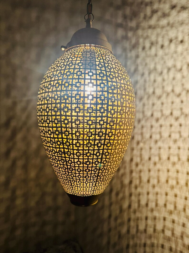 Moroccan Pierced Oval Lantern Pendant Light, Handmade Moorish Geometric Hanging Lamp, Boho Arabic Shadow Chandelier, Rustic Black and Gold Ceiling Light Fixture