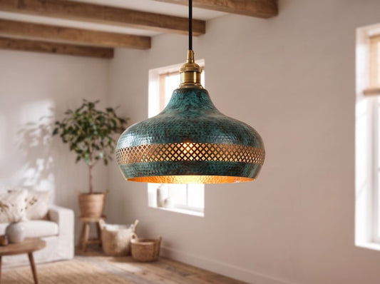 Handmade Moroccan Brass Pendant Light – Hammered Green Verdigris Patina Hanging Lamp with Diamond Lattice Band and Antique Gold Interior for Kitchen Island, Dining Room & Living Room