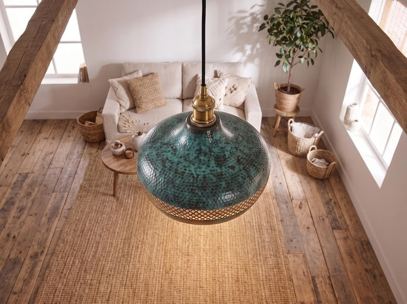 Set of 3 Handmade Moroccan Brass Pendant Lights – Hammered Green Verdigris Hanging Lamps with Diamond Lattice Bands and Antique Gold Interiors for Kitchen Island & Dining Room