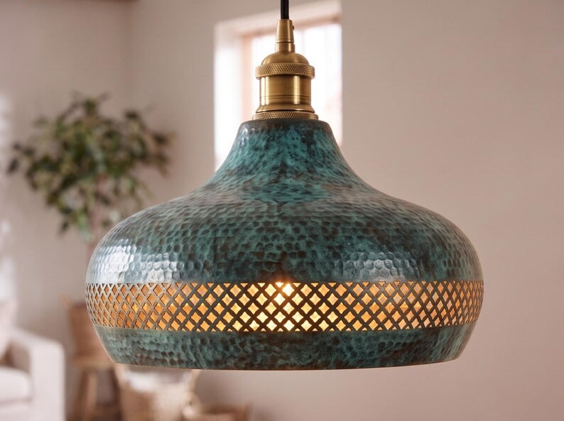 Set of 3 Handmade Moroccan Brass Pendant Lights – Hammered Green Verdigris Hanging Lamps with Diamond Lattice Bands and Antique Gold Interiors for Kitchen Island & Dining Room