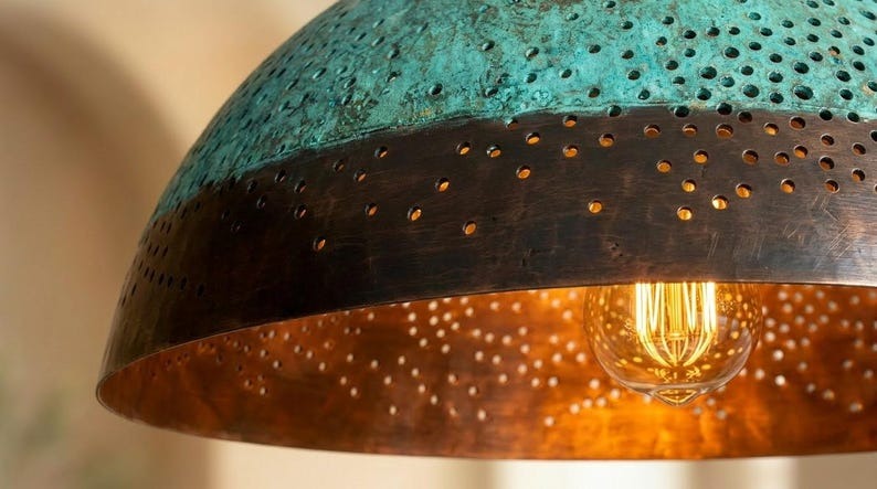 Handmade Moroccan Brass Pendant Light – Turquoise Verdigris Pierced Dome Lamp with Dark Bronze Band and Warm Copper Interior