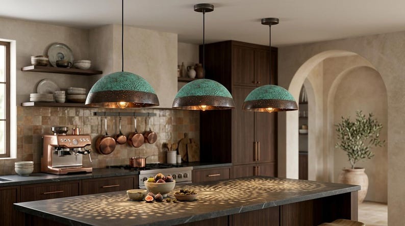 Handmade Moroccan Brass Pendant Light – Turquoise Verdigris Pierced Dome Lamp with Dark Bronze Band and Warm Copper Interior